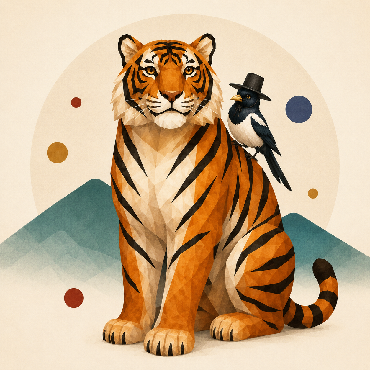 Korean tiger with magpie on shoulder, surrounded by dancheong dots